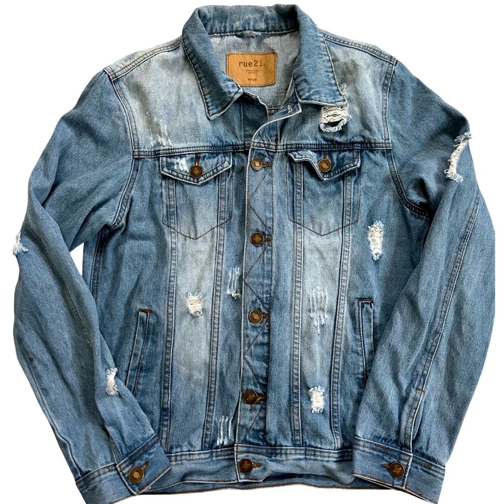 Rue 21 Womens Light Wash Distressed Denim Jacket‎ Blue Size Large